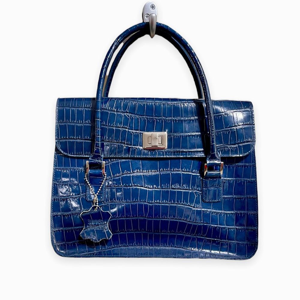 Vintage Bloomingdales Satchel Handbag Purse Leather Alligator Navy Blue